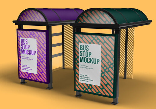 Bus Stop Poster Mockup &ndash; Urban Shelter Display with Dual Structure and Front-Facing Design
