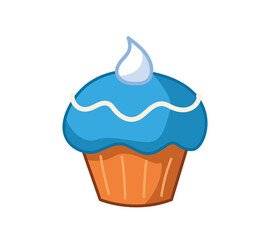 Cute cupcake with blue cream and cream. Vector illustration of a cake in a cartoon childish style. Isolated funny bakery clipart on white background. cute kitchen print.