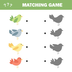 Shadow matching activity with cute birds. Find the correct silhouette - printable worksheet or game.