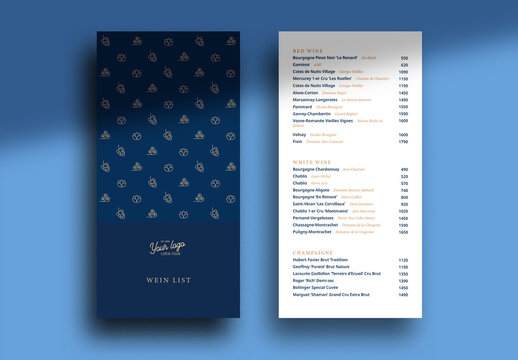 Elegant Wine List Layout with Navy and Golden