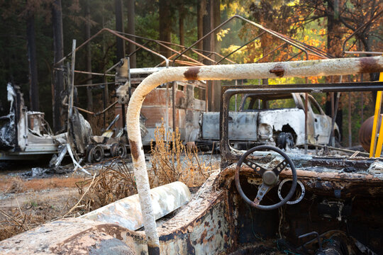 Destruction from a wildfire, Boulder Creek, California, USA