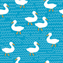 Seamless pattern with funny swimming birds. Childish print. Vector hand drawn illustration.