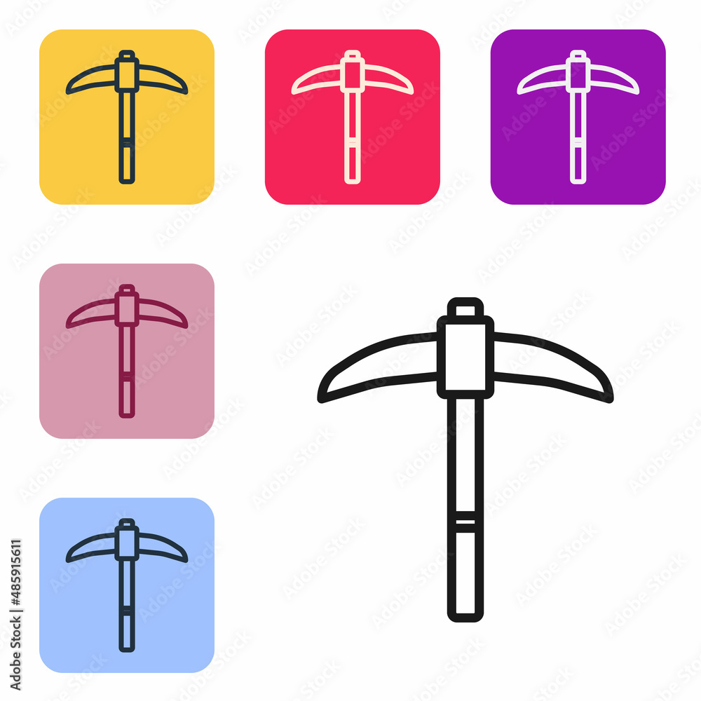 Poster black line pickaxe icon isolated on white background. set icons in color square buttons. vector