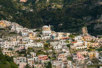 Fototapeta na wymiar View of the entire old town of Positano and its colored houses from the top. Amalfi coast Italy