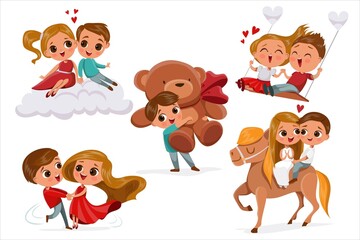 Vector teen couple in love valentines day set