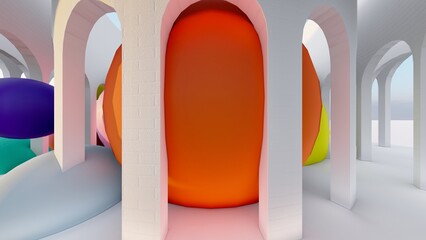 Entertainment room interior concept background orange ball filling arched openings 3d rendering