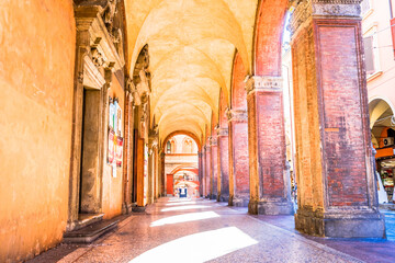 Arcade in the historical city center of Bologna, Italy