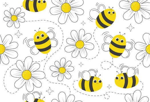 Colorful pattern with bees and flowers