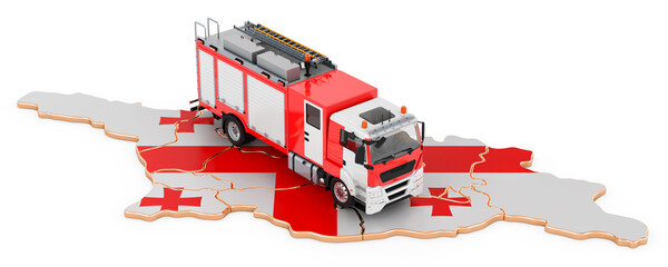 Fire department in Georgia. Fire engine truck on the Georgian map. 3D rendering