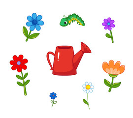 Set of red watering can, flowers and caterpillar. Vector illustration of plants in cartoon childish style. Isolated funny clipart on white background. cute spring print. - obrazy, fototapety, plakaty