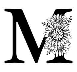 Capital letter M with flowers. Monogram, print, mother symbol. Black outline drawing. Vector illustration isolated on white background. Family logo, sign. Floral design, name initials.