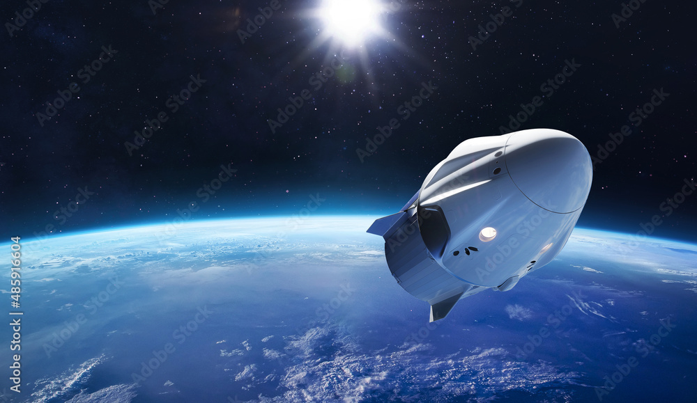 Aufkleber spaceship flight from earth. space craft in space. expedition to iss. sci-fi high quality wallpaper.