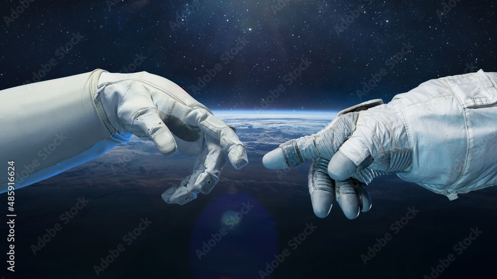 Fototapete Astronaut in glove and robot hands in space. Earth planet on background. Technology and space flight. Elements of this image furnished by NASA
