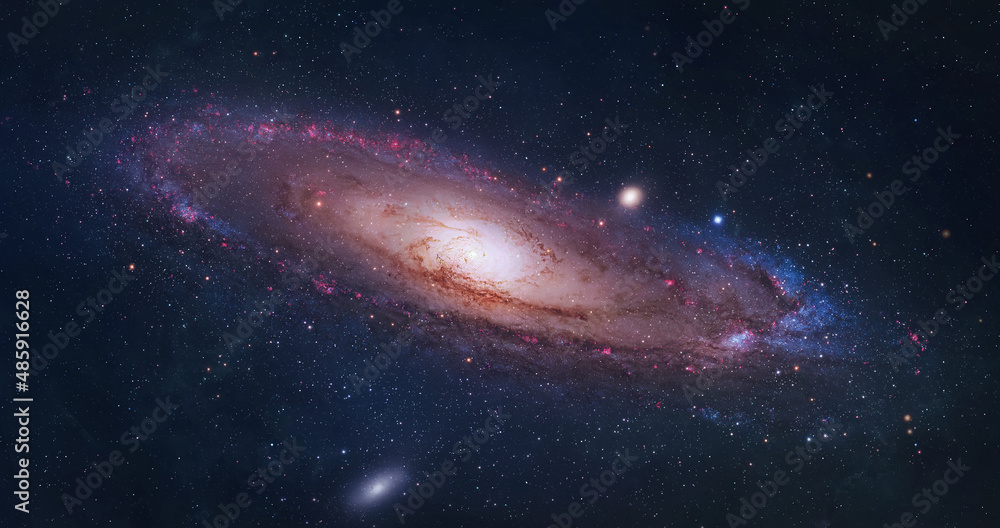 Poster Bright spiral galaxy with stars in space. Galaxy Andromeda sci-fi  high quality space wallpaper. Elements of this image furnished by NASA
