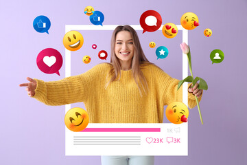 Young woman with flower on color background. Concept of social networking - obrazy, fototapety, plakaty