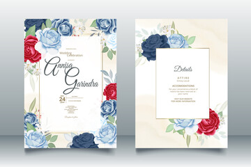 Naklejka na ściany i meble Elegant wedding invitation card with beautiful red navy blue floral and leaves template Premium Vector