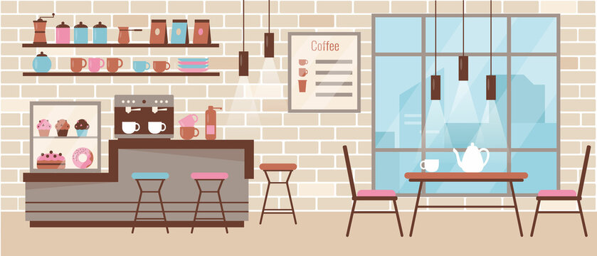 Cozy modern cafe or cafeteria with chairs and table. Coffee shop or bakehouse. Interior design flat or cartoon vector illustration.