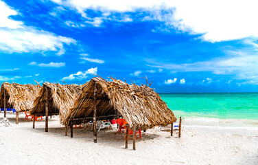 View on paradise beach of playa blanca on Baru island next to Cartagena, Colombia - obrazy, fototapety, plakaty