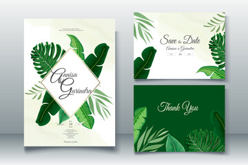 Elegant wedding invitation card with tropical leaves template Premium Vector