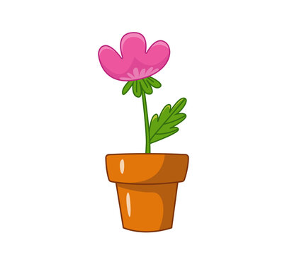 Pink tulip in a clay pot. Vector illustration in cartoon childish style with outline. Isolated funny clipart on white background. Cute summer print.