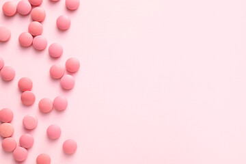 Many pills on pink background