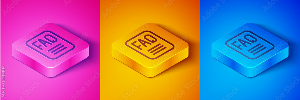 Poster Isometric line Speech bubble with text FAQ information icon isolated on pink and orange, blue background. Circle button with text FAQ. Square button. Vector