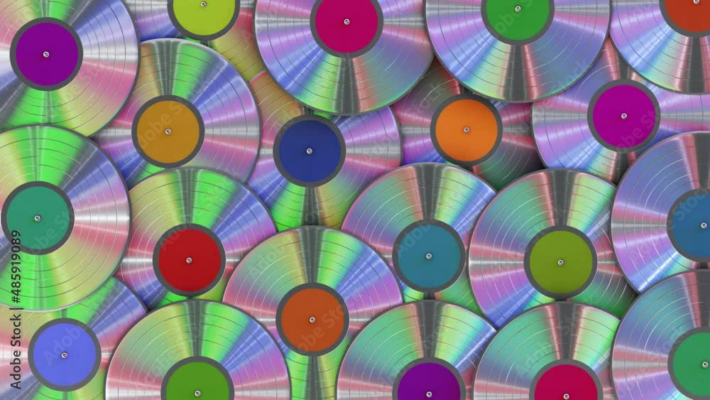 Aufkleber realistic seamless looping 3d animation of the silver metallic iridescent vinyl records with colorfu