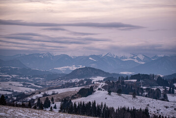 winter landscape in the mountains, sunset in the mountains, Orava, Slovakia, Europe