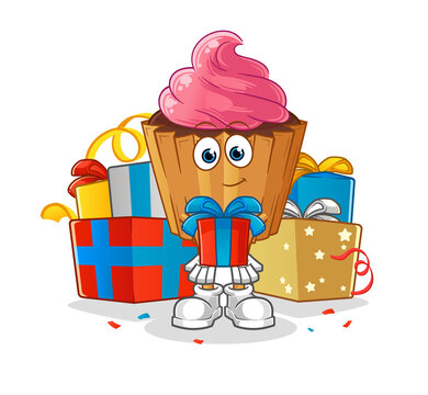 cupcake character holding gift, birthday celebration clip art preview