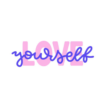 Love yourself - lettering phrase about love yourself . Hand written text isolated on purple background. Flat hand drawn vector illustration
