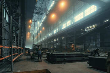 Metallurgical plant large hall inside. Industrial steel production factory. Interior of...