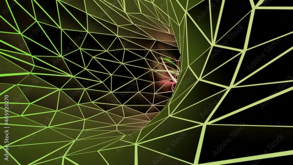 Poster neon multi coloured edged polygons moving and turning on a black background. design. flying backward