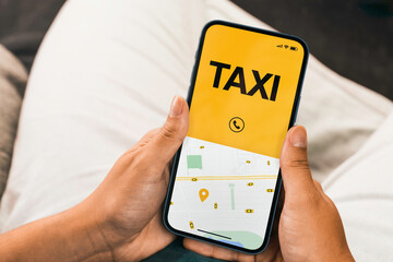 Girl holding a smartphone with Taxi Service app. Mobility service provider worldwide