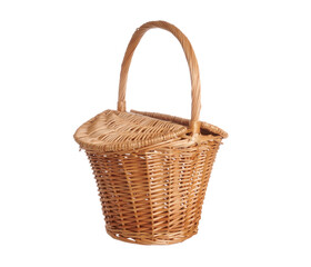 Fototapeta na wymiar Wooden basket with lid - isolated photo on a white background. Wooden basket made with natural materials. Rustic style of light wicker basket with lid. Handmade rustic basket container for shopping.