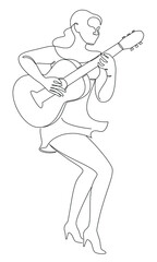 Silhouette of a beautiful woman with a guitar in a modern continuous line style. Girl guitarist, slender. Continuous line drawing, decor aesthetic outline, posters, stickers, logo. Vector illustration