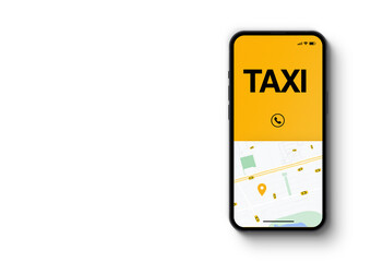 Smartphone with Taxi Service app on white background. Mobility service provider worldwide