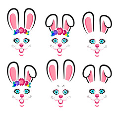 Obraz premium Vector design of collection of cartoon rabbit masks with gray and pink ears on white isolated background