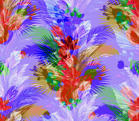 Fototapeta na wymiar Bright summer pattern with seamless pattern with tropical plants. Mix of botanical multicolor silhouettes and orchid flowers for modern textile and surface design