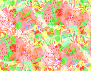 Fototapeta na wymiar multicolored bright multi-layered seamless pattern with silhouettes of buds and flowers for summer textiles and various designs