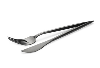 Stainless steel fork and knife on white background