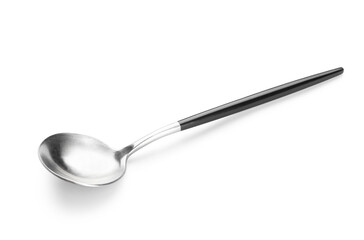 Stainless steel spoon with black handle on white background