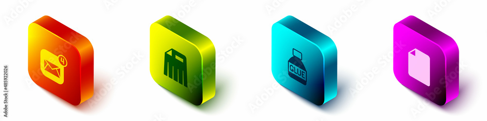 Poster set isometric envelope, paper shredder, glue and file document icon. vector