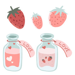 Saint Valentine elements set with strawberries and love potion bottles