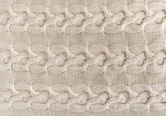 Background of Handmade Knitted fabric of wool White Cream color, cloth knitted texture.