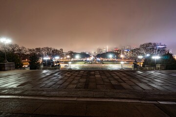 Downtown Philadelphia at night, during the rain,  from the view of the steps of the Philadelphia Museum of Art 
