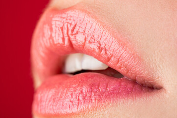 Sexy plump lips nude lipstick. Close-up perfect natural lip makeup beautiful female mouth. Plump...