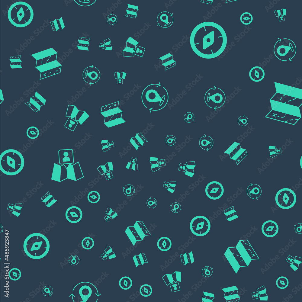 Poster set map pin, compass, folded map with location marker and on seamless pattern. vector