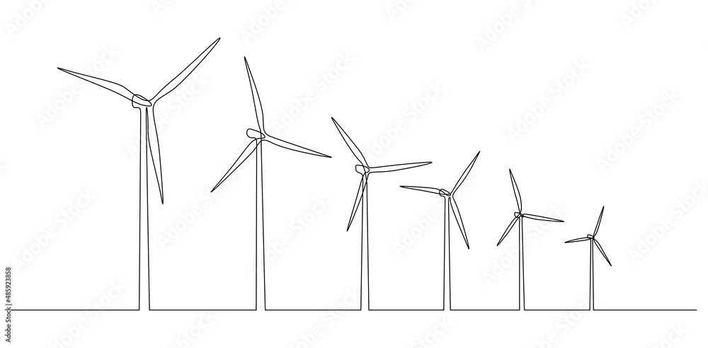 Poster wind turbines and windmill in one continuous line drawing. green energy and renewable source of powe