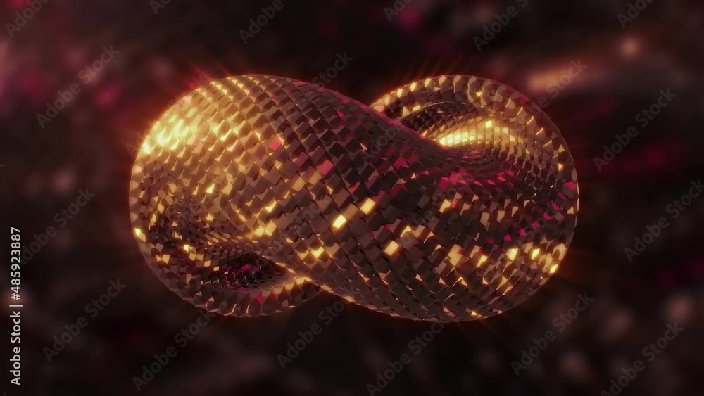 Poster a swirling geometric shape of an orange hue. motion. a loop made of shiny little particles in abstra
