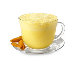 Glass cup of tasty turmeric latte and roots on white background